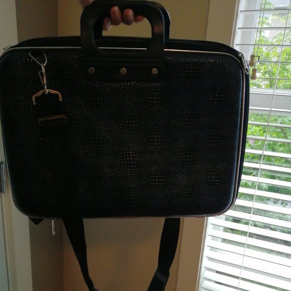 Navy Blue Snake Print Leather Laptop Briefcase - Picture 2 of 4